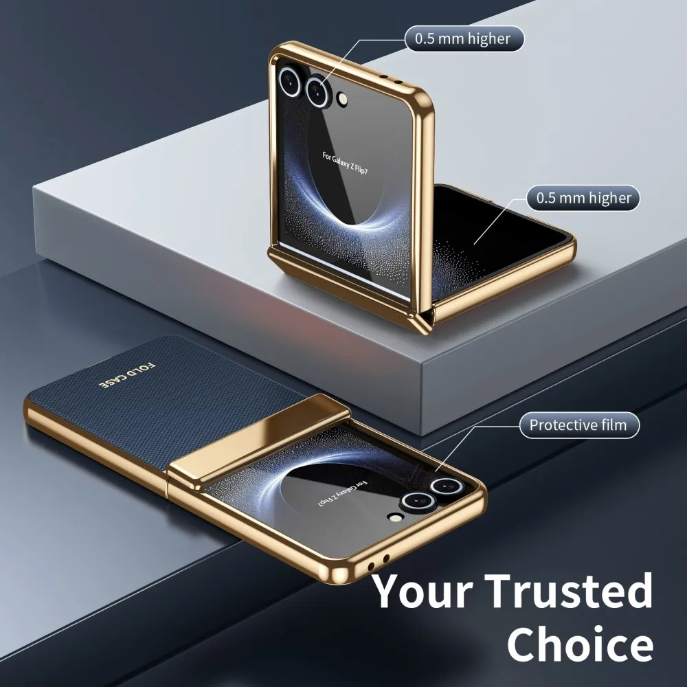 Electroplated Frame Phone Case with Tempered Film and Plain Leather Design