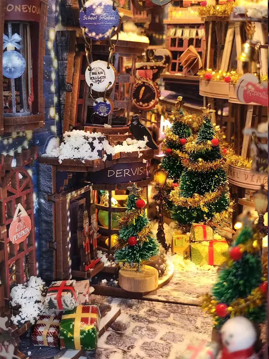 DIY Book Nook Wooden Miniature Model Kit Christmas Bookend Assembled 3D Puzzle Light Bookshelf Crafts Home Decor Friends Gifts 6