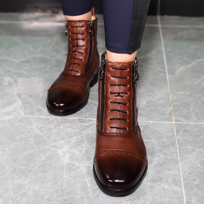 Equestrian Boots Cowhide Breathable Short Barrels Double Zipper Stretch Vintage Riding Boots Knight Equipped Riding