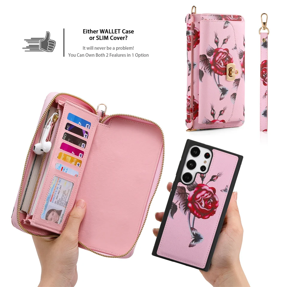 Luxury Detachable Magnetic Wallet Multi Card Flower Leather Shoulder Strap Case For Samsung Galaxy S23 S22 PLUS Note 20 Ultra Co
