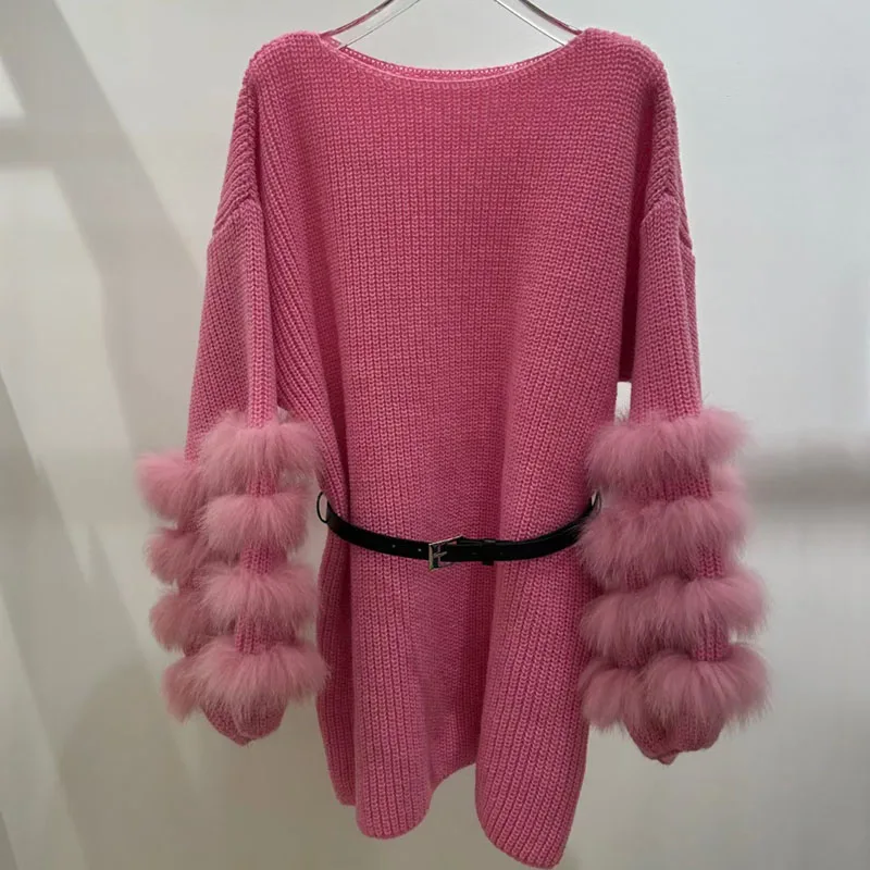 

Women Plus Size Spring Long Knitted Pullover Sweaters With Real Fox Fur Cuff Fashion Oversized O-neck Pull jumpers With Belt