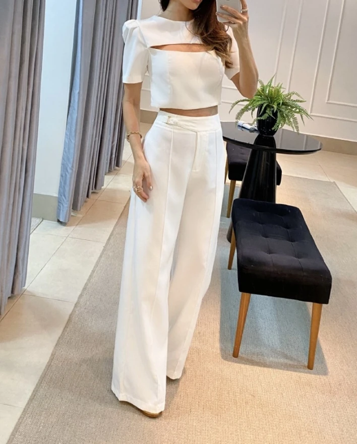 Women Two Piece Sets 2024 Round Neck Puff Sleeve Cutout Solid Color Top & High Waist Wide Leg Pants Set Streetwear Outfit