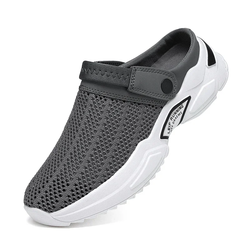 

Men Summer Sandal Mesh Mules Breathable Padded Beach Shoes Solid Flat Slipper Outside Men Grey Blue Sandals Indoor Slippers