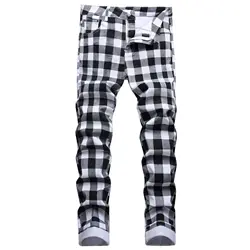 Y2K Streetwear Autumn New Fashion Mens Black White Plaid Printed Harajuku Jeans Causal Stretch Cargo Denim Pants Ropa De Hombres