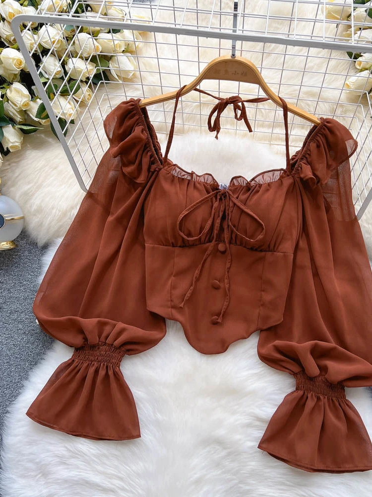 White Blouses Women Aesthetic Solid All-match Vintage Casual Ladies Tops Slim Schoolgirls Spring Bandage Lantern Sleeve Clothing