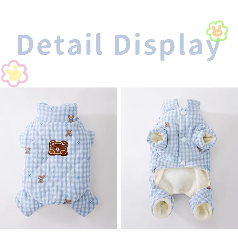 겨울용 따뜻한 강아지 네발옷 곰 프린트 강아지 재킷 코트 두꺼운 부드러운 강아지 점프수트 체크무늬 고양이 다운 재킷 애완동물 오버올