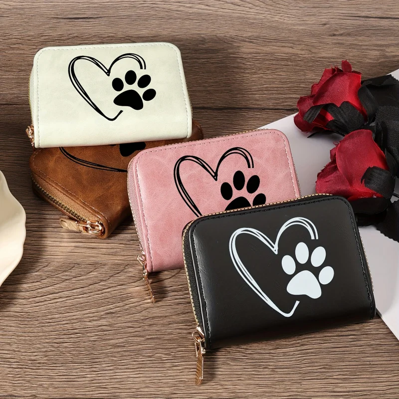 Heart-shaped Cat Paw Print Accordion Wallet for Women Faux Leather Card Holder Short Zipper Wallet