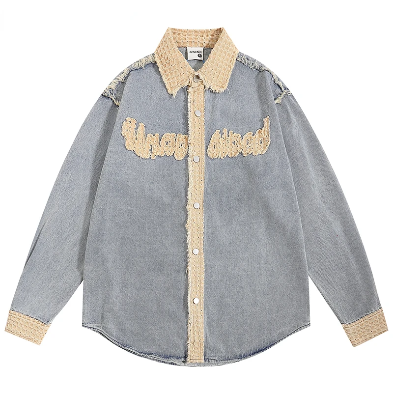 

Рубашка мужская джинсовая с вышивкой, Повседневная хлопковая блузка в стиле хип-хоп, на пуговицах, уличная одежда в стиле Харадзюку, осень