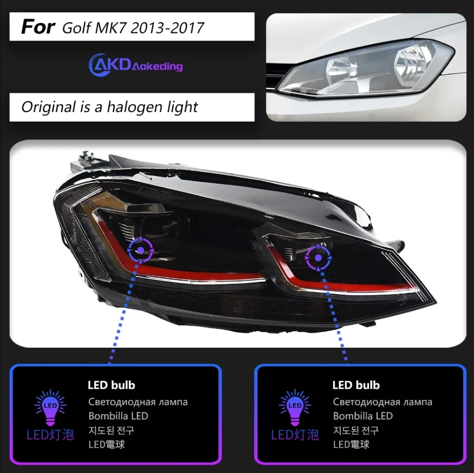DTMOTO LED Tube DRL Projector Headlights For VW Golf GTI VII MK7 (2015-2017) - Black W/ Red Trim - View #2