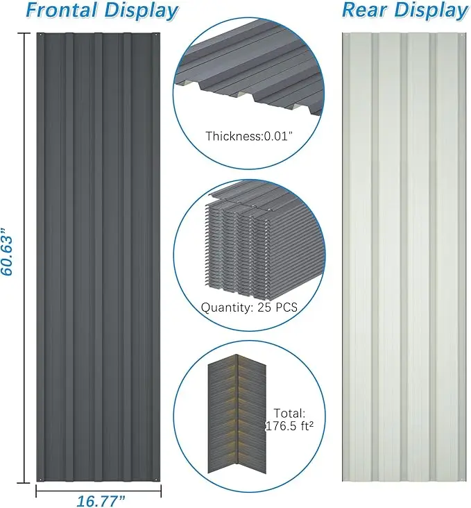 Galvanized Steel Roof Panels, L60.63"&times;W16.77" Heavy Duty Roofing Panel, Roof Protector for Garages, Sheds, (25PCS, 176.5 ft&sup2;)