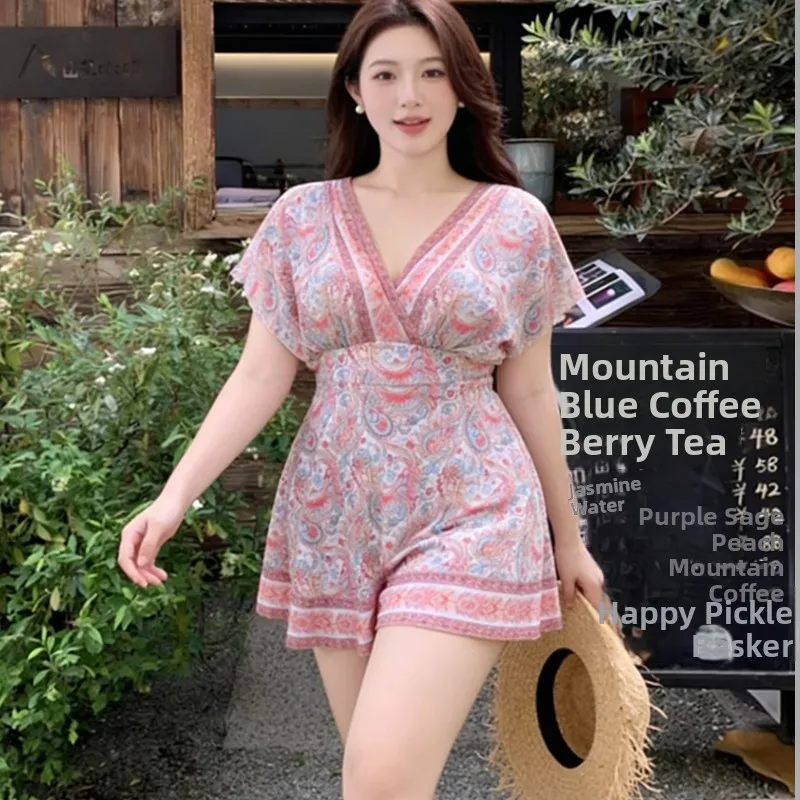 plus Size Swimsuit Cover up Floral Print Low Elastici Polyester Casual Surf Suit Women's Swimming Costume