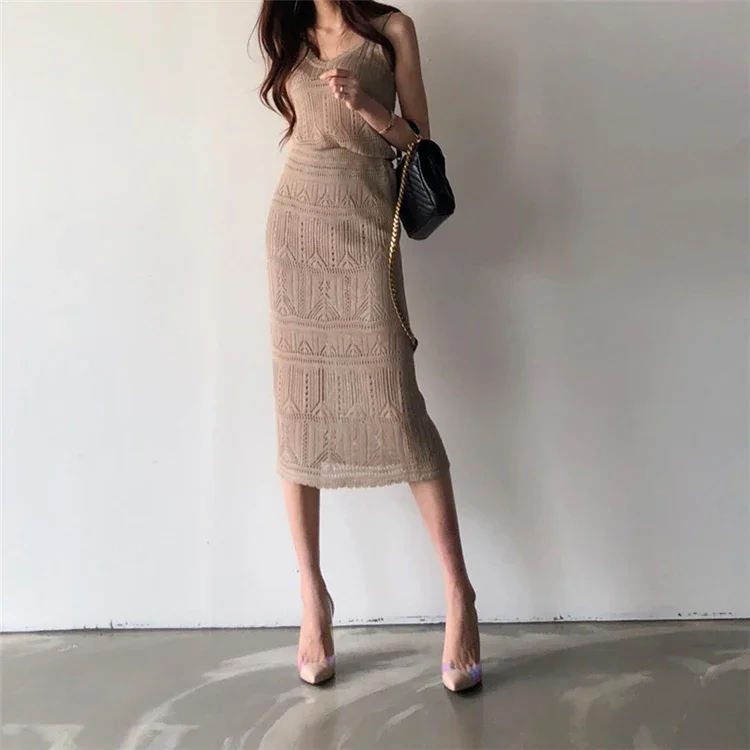 Korean Summer Two Piece Set Women Sexy Hollow Out Knitted Vest Matching Long Skirt High Waist Elegant Slim Fit Suits Female