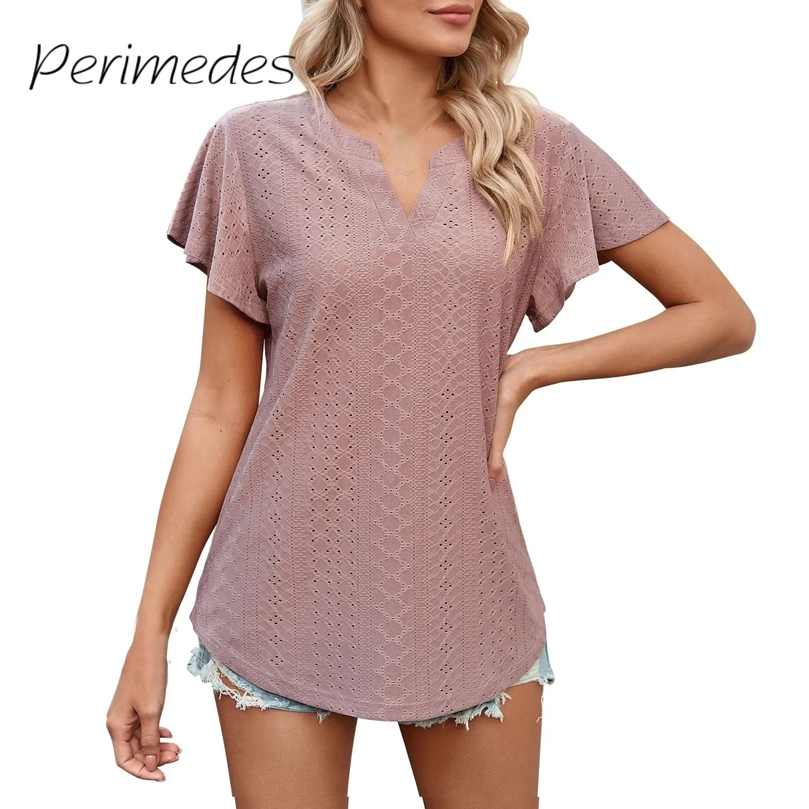 

Женская футболка с V-образным вырезом, коротким рукавом и оборками