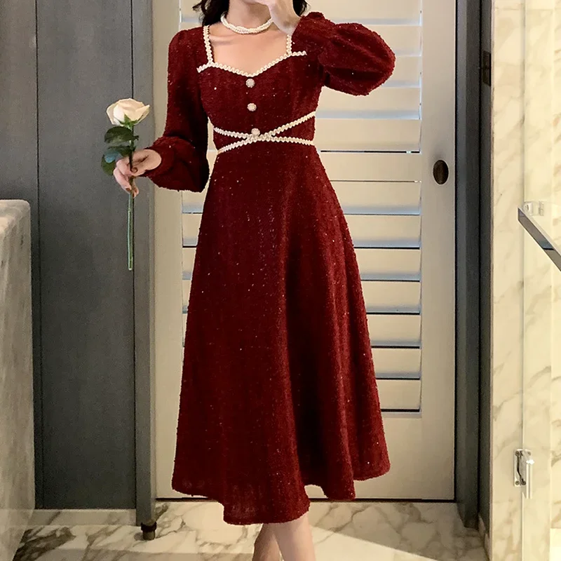 

Elegant Square Collar Retro Dress Female 2024 New Winter Fairy Midi Party Evening Dress Office Lady Dress Korean Fashion