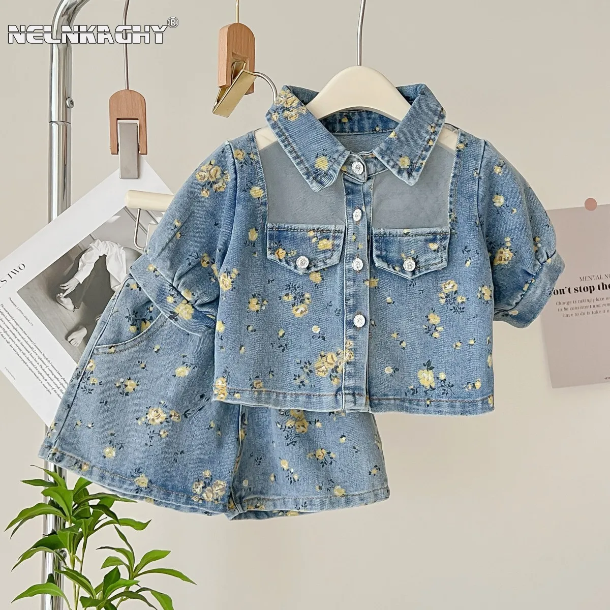 

2024 Summer New in Kids Baby Girls Fashion Clothes Children Denim Flower Hollow Out Top Coat + Shorts Toddler Set 2pcs 2-7Y