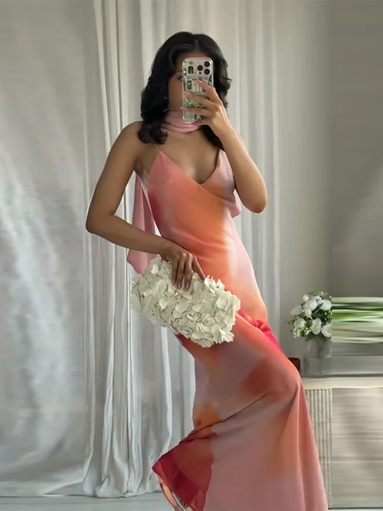 Elegant Women's Backless Maxi Dress With Scarf Spaghetti Strap Deep-V Neck  Gradient Print Gown Summer New Party Evening Outfit - AliExpress 200000345