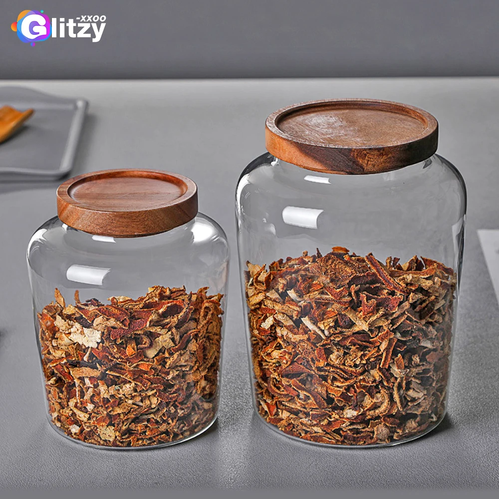 Glass Sealed Jar with Wood Lid, Kitchen Counter Food, Coffee Bean, Grain Storage Organizers, Large Orgnizer, Glass Containter 5