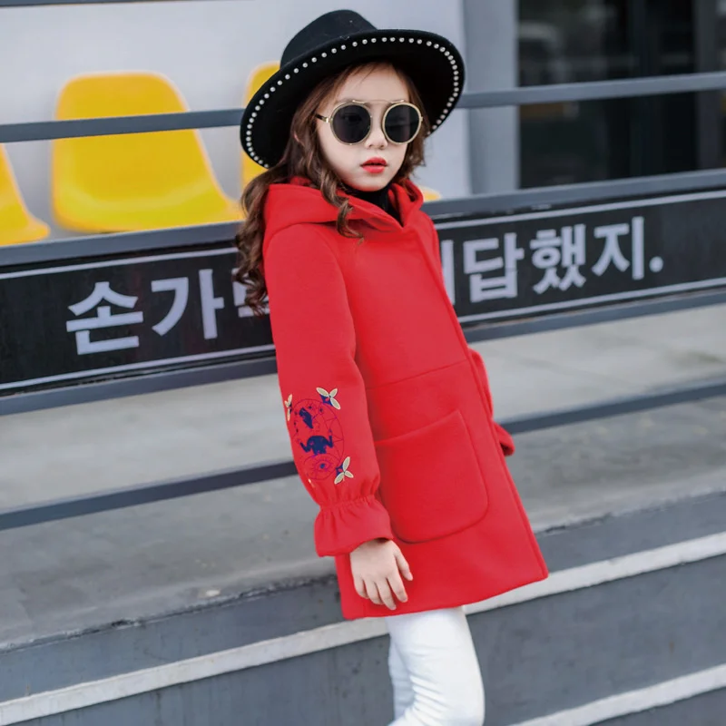 

New Autumn Winter Girls 2023 Woolen Coat Pink Red Flores Design Petal Sleeves Long Jacket for Kids windbreaker baby girl clothes