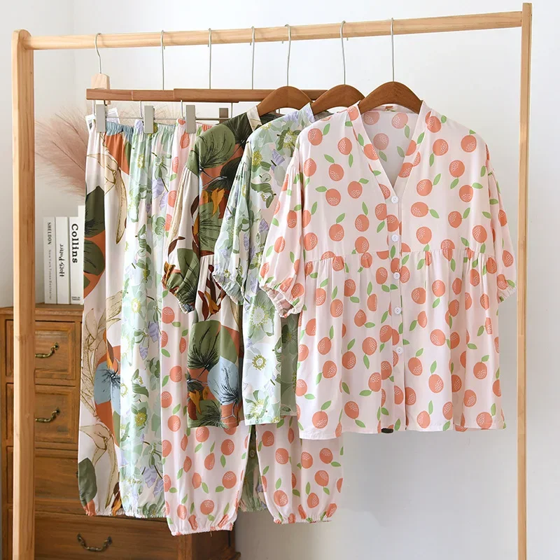 

Женские длинные брюки с рукавом средней длины из 100% вискозы, лето 2023, свободный бюстгальтер с чашками, комплект домашней одежды, пижамы с нагрудными подушечками, одежда для сна