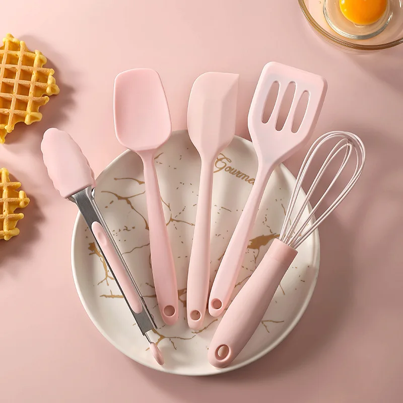 5Pcs Mini Silicone Cooking Utensils Set Rose Gold Non Stick Cream