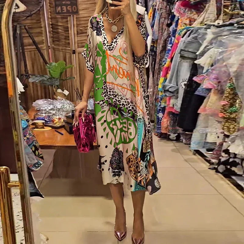 Summer Leopard Printed Party Dresses 2024 Women Casual V Neck Short Sleeve Long Pullover Dress Beach Holiday Dress For Women - Image 5