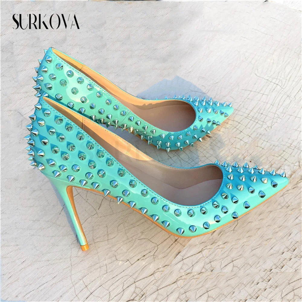 

Mint Green Rivet Ladies Pointed Toe High Heels Pumps Fashion Studded 8/10/12Cm Stilettos for Women Dress Prom Shoes Women Shoes