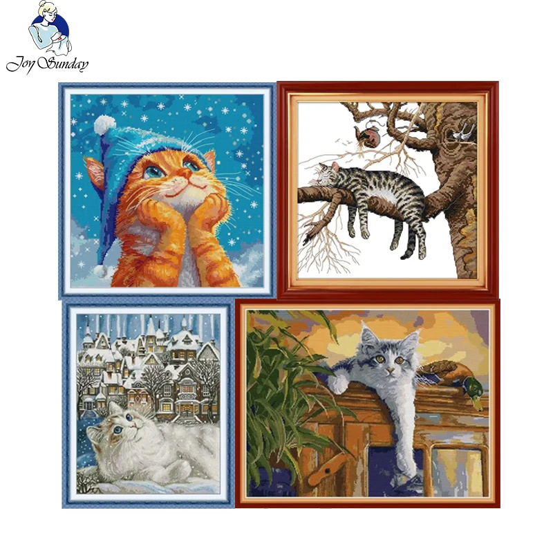 Joy Sunday Kreuzstichset Katze Stadt HD Muster Aida 16/14/11CT gezählt gedruckt Canva DIY Stickerei Kit Handarbeiten Home Decor