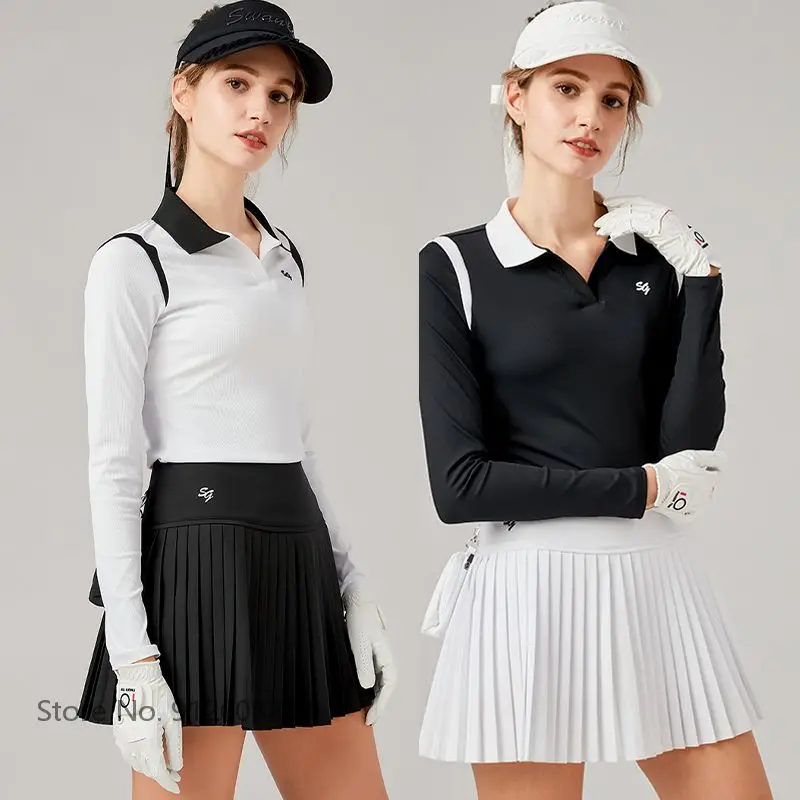 

SG Autumn Ladies Long-sleeved Tops Warm V Neck Golf Shirt Girls Golf High Waist Pleated Skirt Women Anti-exposure Culottes Sets