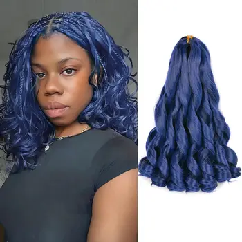 Synthetic Dark Blue French Curl Braiding Hair 24 Inch Loose Wave Braiding Hair Extensions Pre Stretched For Women 1