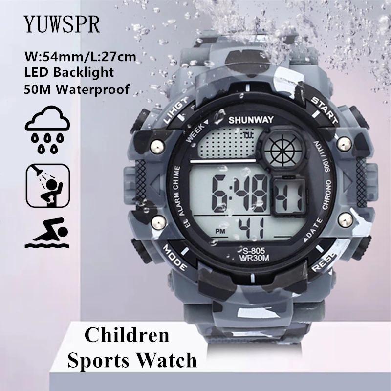 50M Waterproof Children Sports Electronic Watch Swimming LED Backlight Camouflage Green Digital Watches for Student Boy Gift 805 kids watch led touch display time watch electronic digital student children waterproof electronic bracelet watches boy girl gift