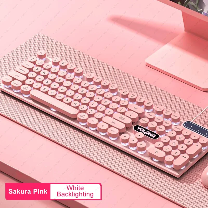 104keys Wired Keyboard QWERTY Layout Membrane Rainbow Backlight RGB Punk Retro Keyboard Gaming for Office PC Study