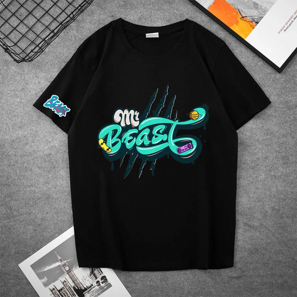 thumbnail image 1 of Camiseta de manga corta en blanco y negro de Mr Beast, de algodón de alta calidad, con cuello redondo y diseño de dibujos animados impresos para hombres y mujeres, 1 of 5
