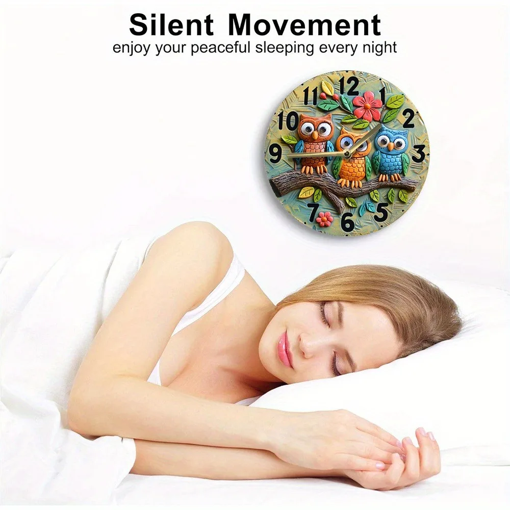 Wooden wall clock with cute owl patterns, perfect for home decor. Requires AA batteries 4