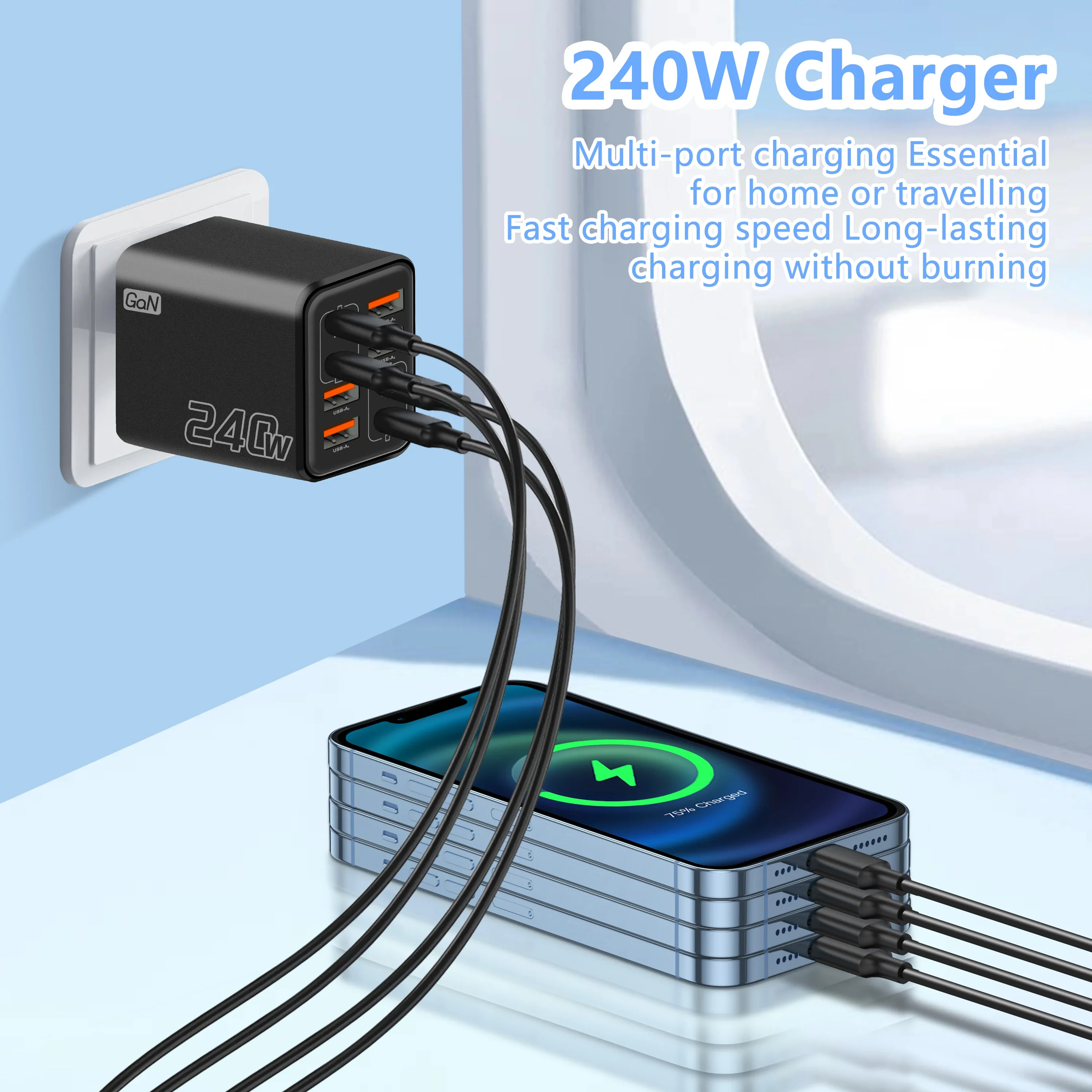 Chargeur USB C GaN 240W 8 en 1, charge rapide, adaptateur secteur Type C, prise EU/US, pour iPhone, Xiaomi, Samsung