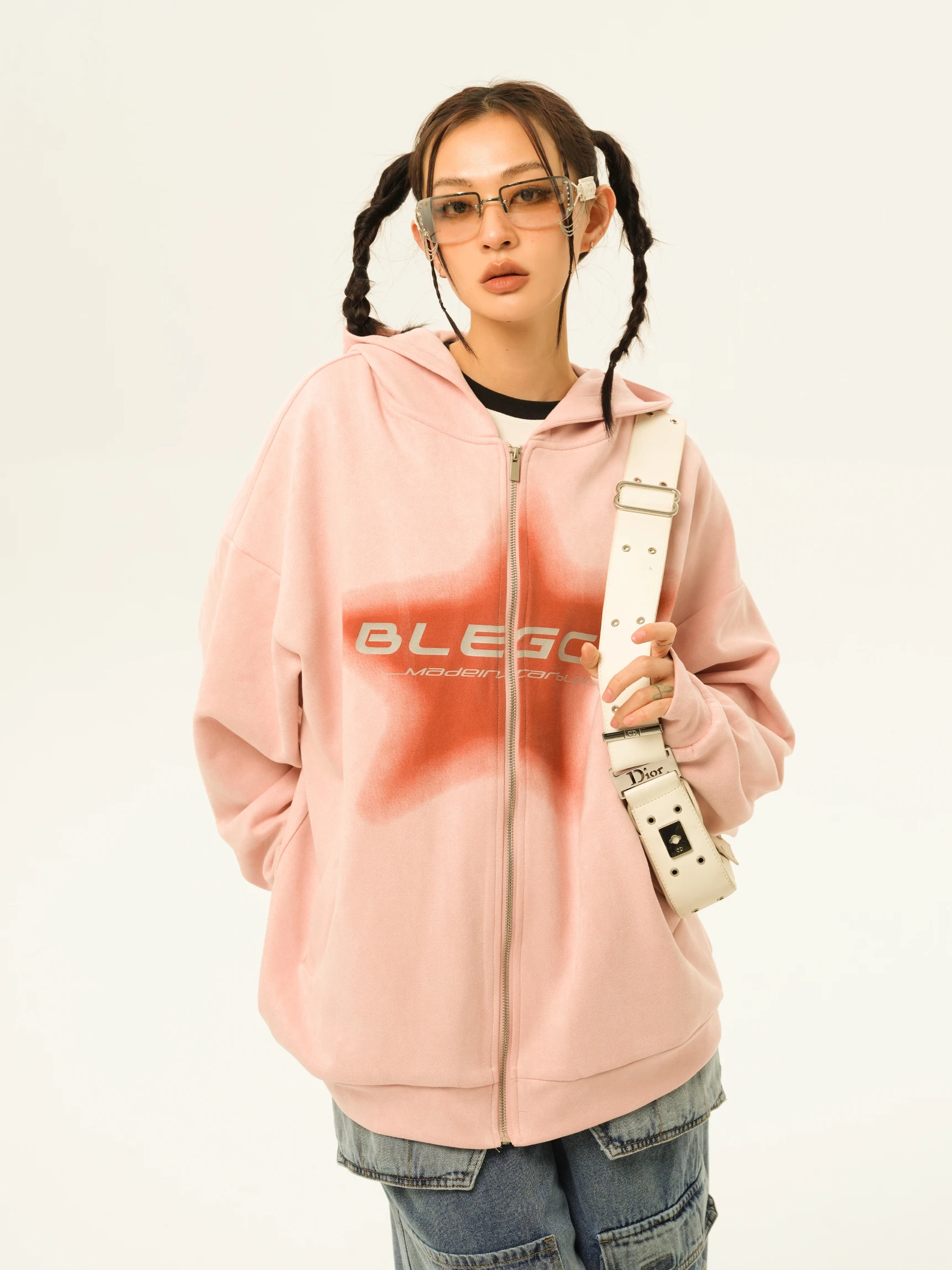 Sweater Coat Women's Vintage Suede Pink Spring and Autumn American Large Size Hooded Cardigan Trendy Zipper Hooded Loose