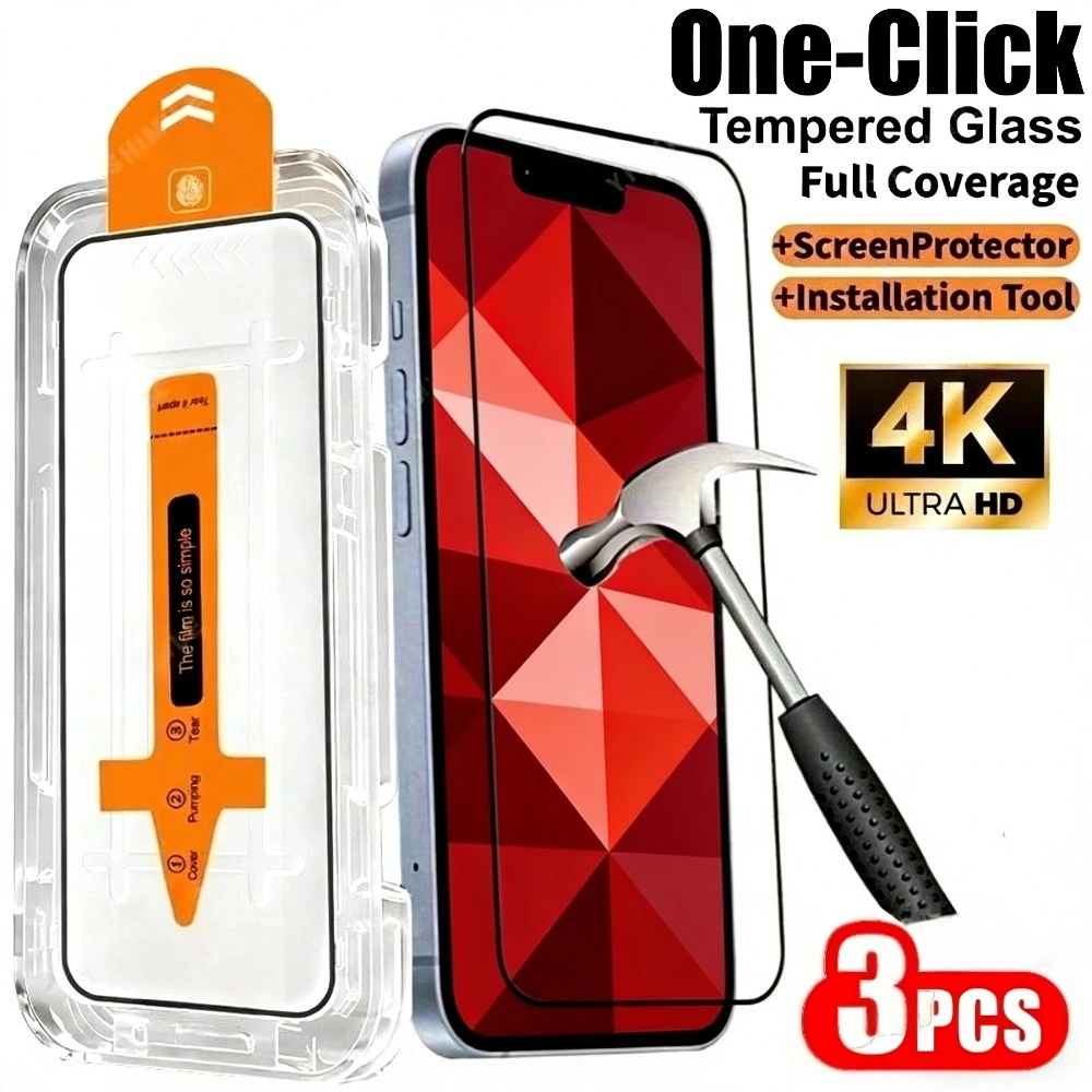 Kit com 3 Películas de Vidro Temperado Ultra Transparente para iPhone 17, 16, 15, 14, 13 Pro Max, Air 17e, 16, 15 Plus, 12, 11 Pro - Instalação sem Poeira