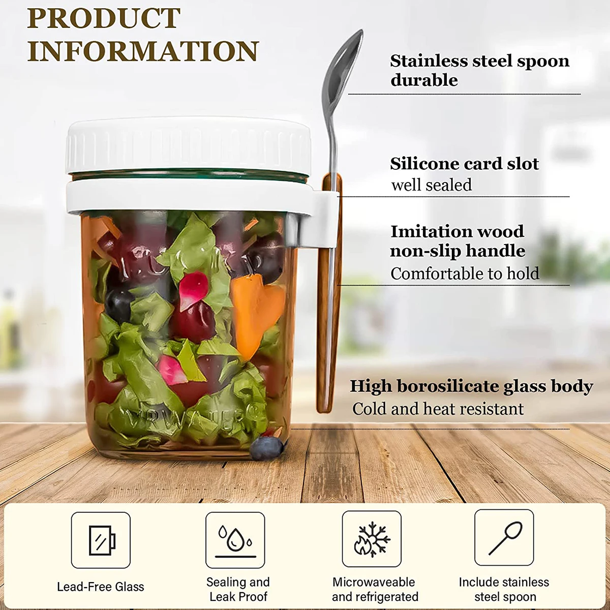 1/2Pcs Breakfast Cup Container 10oz Airtight Oatmeal Jar with Cover and Spoon Portable for Salads Cereal airtight oatmeal jar
