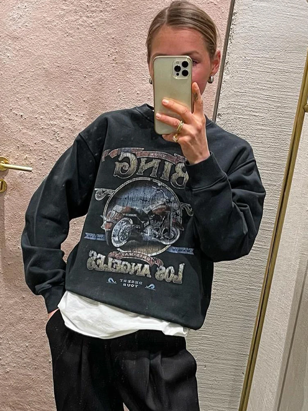

Motorcycle Graphic Sweatshirts for Women Fashion Letter Print Pullovers 2023 Spring Autumn Loose Punk Sweatshirt Hoodies Female