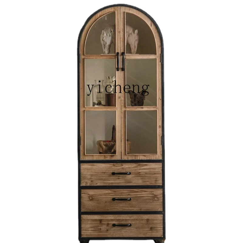 

Zk Retro Iron Art Bookcase with Glass Door Solid Wood Floor-Standing Rack Cabinet Sideboard Cabinet