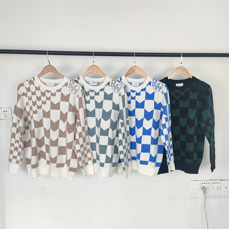 

High Quality Plaid Rhude Cashew Jacquard Sweater Men Women 1:1 Best Quality Oversized Sweatshirts