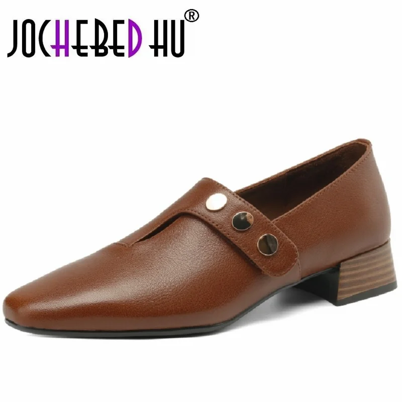 

【JOCHEBED HU】NEW Spring/Autumn Women Pumps Genuine Leather Shoes for Square Toe Low Metal Buckle Shoes High Heel Shoes 33-40