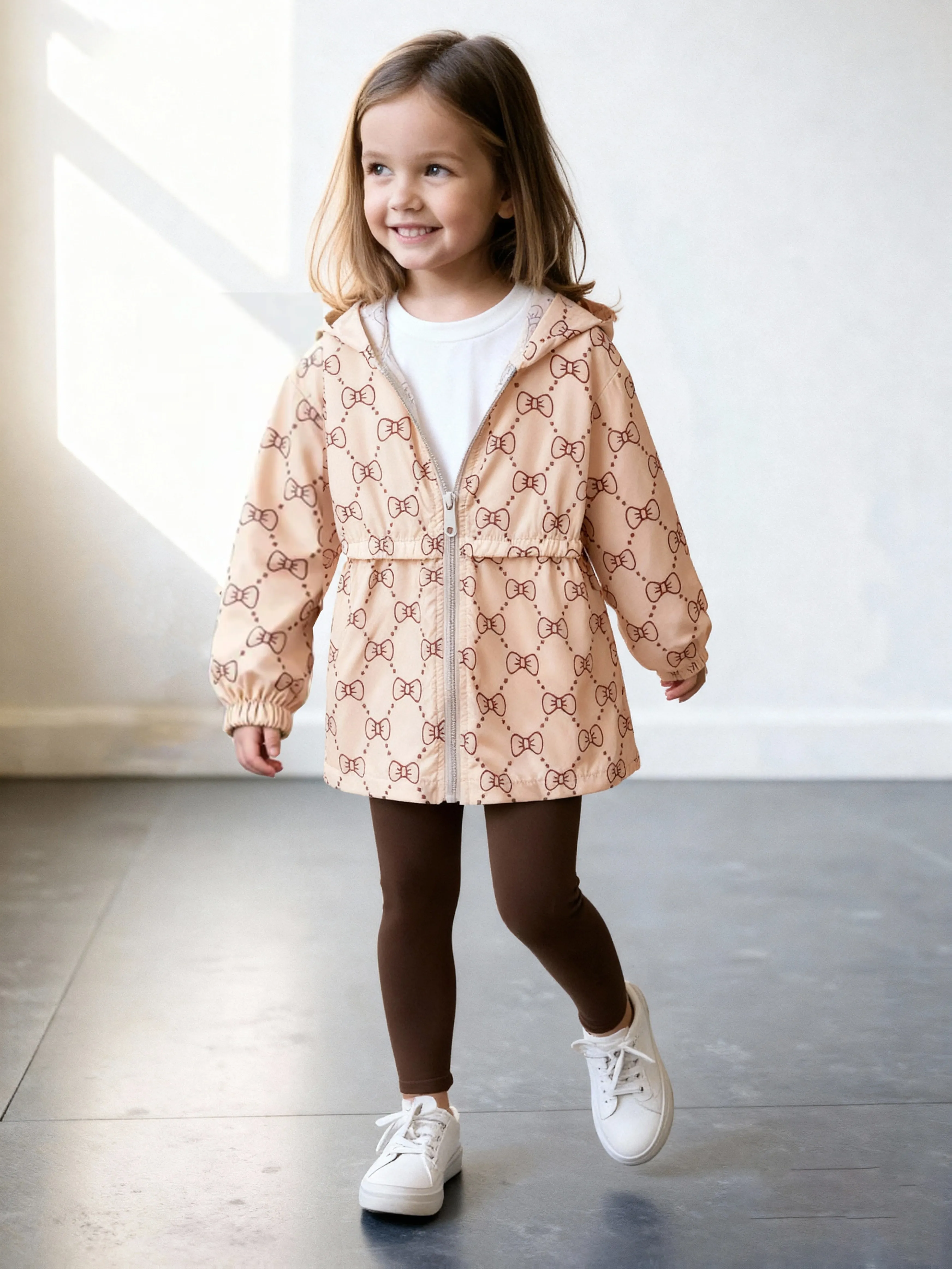Frühlings-/Herbst-Langarm-Kapuzenjacke für Kinder, lässig, mit Reißverschluss und Fliege, Allover-Print-Design, stilvoll, vielseitig für den Alltag – Detail 2