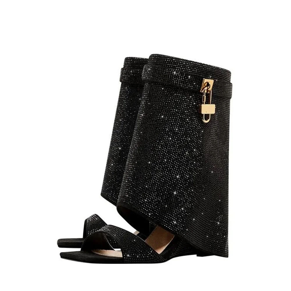 

Women Rhinestone Metal Shark Lock Square Open Toe Sandals Twinkling Fold Over Ladies Water Diamond Short Boots One Strap Shoes