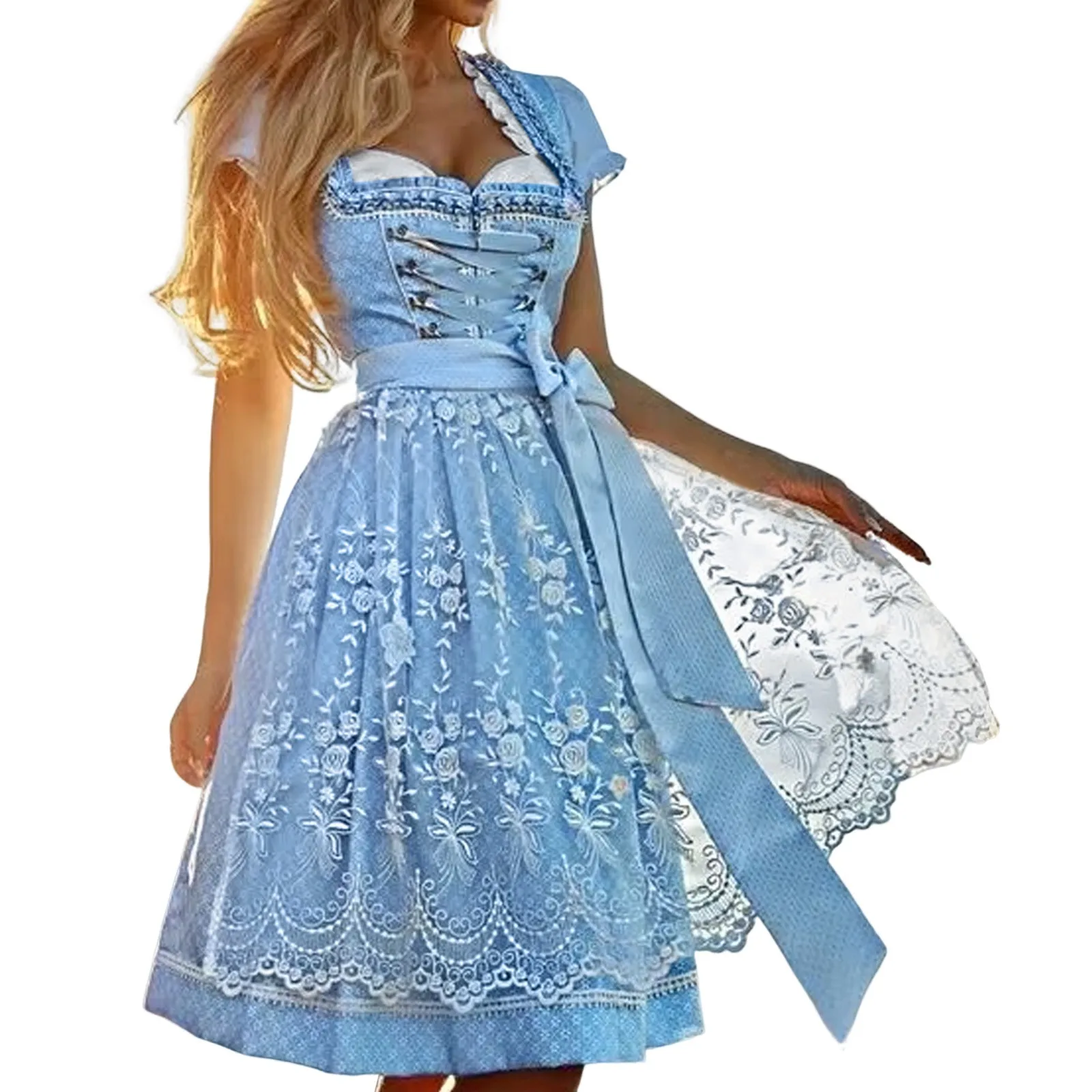 

Bavarian Oktoberfest Costume Dresses Vintage Bandage Dirndl Damen Mid-Calf Dress Floral Lace Patchwork Beer Dirndl Vestidos