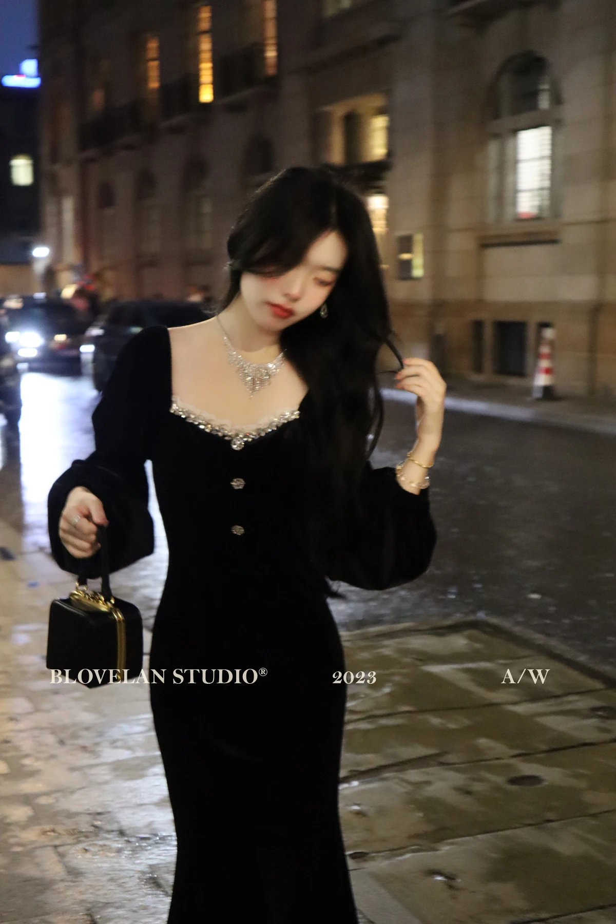 Elegant Black Velvet Midi Dresses for Women Square Collar Slim Bodycon Ruffles Patchwork Fishtail Autumn New Evening Party Dress