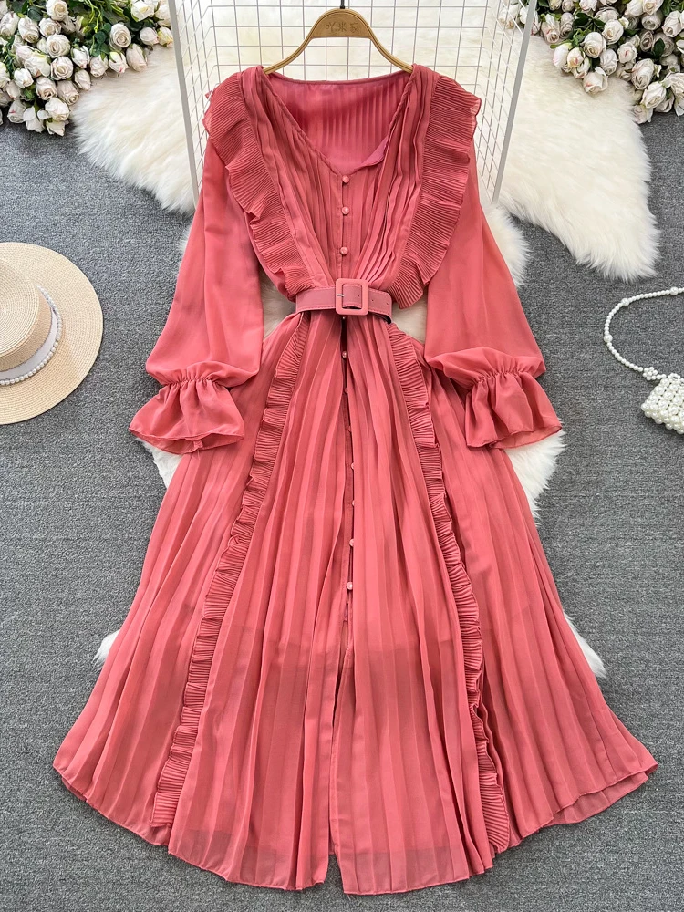 

Women Fashion Vintage Elegant Chiffon Party Vacation Dress Spring Flare Sleeves V-neck Ruffle Edge High Waist Slim A-line Robe