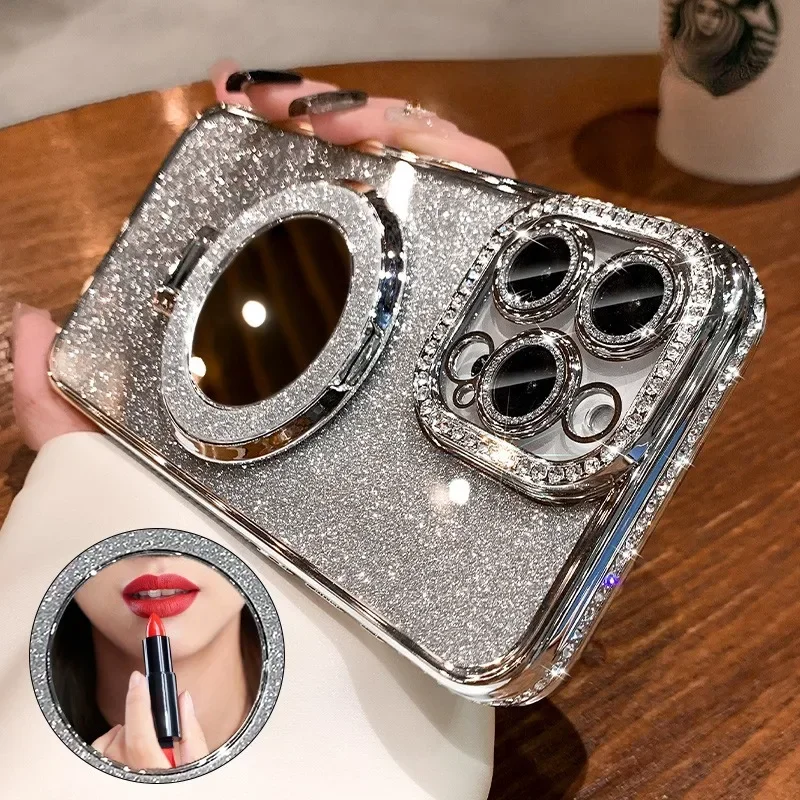 Luxury Diamond Clear Glitter Phone Case with Mirror Magnetic Holder and Stand