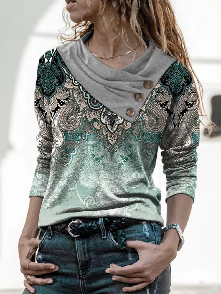 Übergrößen Vintage Paisley-Print Langarm-Oberteil, Wasserfallausschnitt mit Knopfdetail, Lässige Bluse, Retro Alltags-Pullover-Shirt für Damen – Detail 6