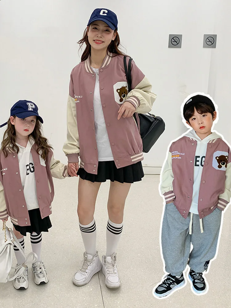 

Parent-child Autumn Coat Korean Version Children's Clothing Mother and Daughter Cartoon Bear Baseball Uniform matching family
