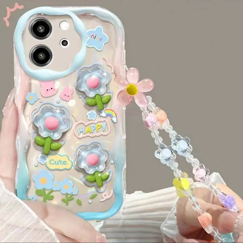 Charming 3D Pink and Blue Flower Chain Phone Case